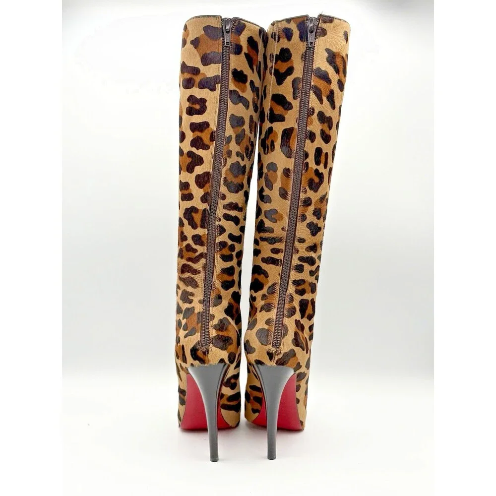 Christian Louboutin Cheetah Print Pony Hair Knee High Platform Boots Size EU 35